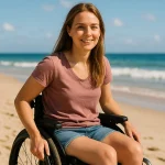 Cicha joven en silla de ruedas por la playa para poder bañarse